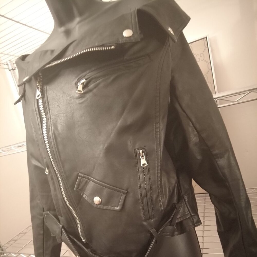Black Faux Leather Off the Shoulder Moto Jacket Top